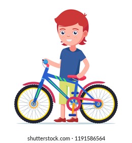 Vector illustration cute boy standing next to a colorful children bicycle. Isolated white background. Child is holding a bike. Flat style.