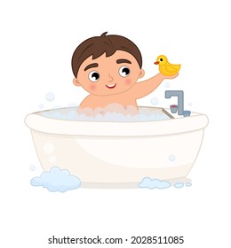 Vector illustration of a cute boy taking a bath.
