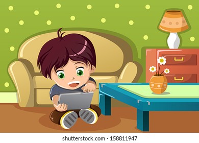 A vector illustration of cute boy using a tablet PC in the living room