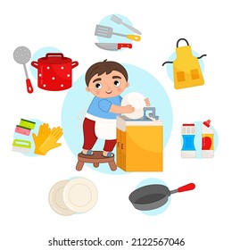 Vector illustration of a cute boy washing dishes. Dishwashing icons set in cartoon style.
