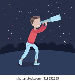 Vector illustration of  cute boy watching through telescope at starry night