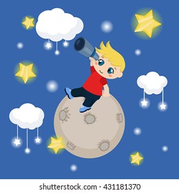 Vector illustration of cute boy watching through telescope at starry night. Background with clouds and stars.