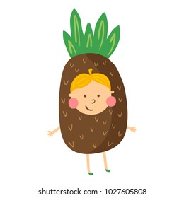 vector illustration, cute boy wearing pineapple costume, isolated background