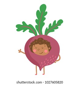 vector illustration of a cute boy wearing a costume of a beetroot on isolated background