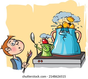 Vector illustration of a cute boy wondering and expecting eggs to be cooked on Good Friday.
