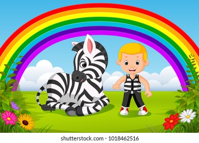 vector illustration of cute boy and zebra at park with rainbow scene
