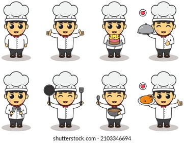 Ilustración vectorial de la tira cómica del chef de los chicos. Feliz personaje de un bonito chef infantil vestido con ropa de chef y expresión alegre. Colección vectorial plana de dibujos animados aislada en fondo blanco.
