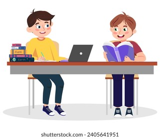 Vector illustration of cute boys sitting at a desk. Cartoon scene with smiling boys sitting at a desk doing homework: writing in a notebook, with a laptop, reading a book on a white background.