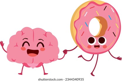 Vector illustration of cute brain and doughnut mascot characters. Sugar addiction concept