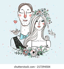vector illustration of cute  bride and groom 