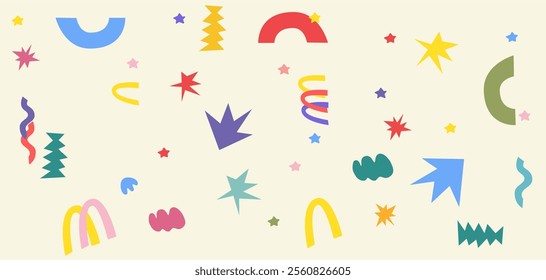 A vector illustration of a cute, bright abstract banner featuring vibrant colors and playful shapes, perfect for advertising, web design, invitations, or cheerful decorative purposes.