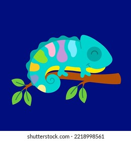 Vector illustration of cute bright chameleon in cartoon style