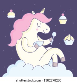 Vector illustration: cute bright unicorn with pink mane, cup and cupcakes on clouds isolated on purple background. Design for Valentine's day posters and greeting cards, childish print for stickers,