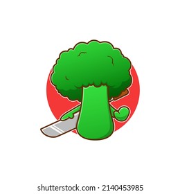 Vector illustration of cute broccoli character holding big sword. 