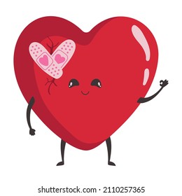 Vector illustration of a cute broken heart with a band-aid. Valentine's day concept character in love.