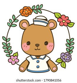 Vector illustration cute brown bear  wearing a sailor suit with a wreath of flowers all around. Clip art, Isolated on white background. Decoration, Sticker and pattern.
