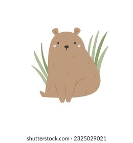 Vector illustration of a cute brown bear sitting in a grass. Funny animal isolated on white background