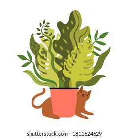 Vector illustration with cute brown cat and big pink flower pot with bouquet of green plants. Trendy flat style gardener print design, greeting card template with domestic animal