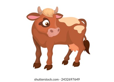 Vector illustration of cute brown cow with light spots on its back stands on a white background