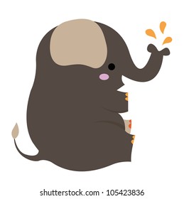 Vector illustration of a cute brown elephant sitting down and spouting water from his trunk.
