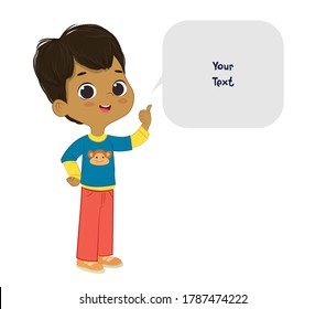 Vector illustration of the cute brown hair Latino boy pointing at a bubble with place for text. Preschool boy. School boy and speech bubble with place for text isolated on white background..