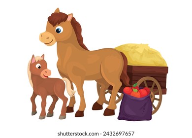 Vector illustration of cute brown horse with a foal and a cart with hay