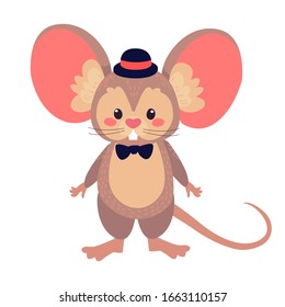 Vector illustration of cute brown mouse in bowler hat and with bow tie.