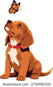 Ilustración vectorial de un lindo cachorro marrón sentado y mirando atentamente a una mariposa monarca voladora, aislada sobre un fondo blanco.