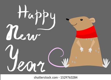 Vector illustration of cute brown rat in traditional New Year clothes, with the calligraphic inscription "Happy New Year"