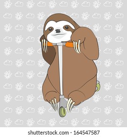 Vector illustration cute brown sloth ride on the scooter and smile