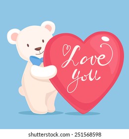 Vector illustration with cute brown smiling teddy bear with big love heart shape in hands isolated on white background