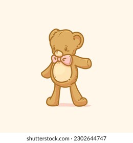 Vector Illustration of Cute Brown Teddy Bear with Pink Ribbon and Raised Arm