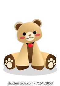 Vector illustration of cute brown teddy bear with pink cheek and red heart necklace on white background. Vector illustration of animal cartoon character. 
