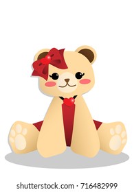 Vector illustration of cute brown teddy bear in red dress with pink cheek, red ribbon and red heart necklace on white background. Vector illustration of animal cartoon character. 