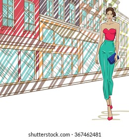 Vector illustration of a cute brunette with a bag in his hand against the background of the shopping center