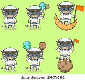 Vector Illustration of Cute Buffalo with an astronaut costume. Funny Animals Wearing Astronaut Costumes or Spacesuit Vector Set. Flat Cartoon Style.