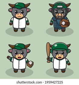 Vector illustration of cute Buffalo Baseball cartoon. Cute Buffalo expression character design bundle.