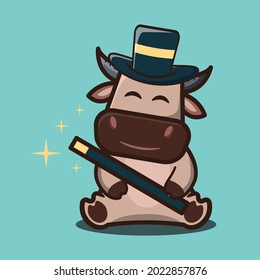 vector illustration of cute buffalo carrying a magician's hat and wand ,cartoon animal concept