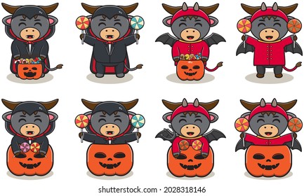 Vector illustration of cute Buffalo with Dracula and Devil costume. halloween set. Good for icon, label, sticker, clipart. 