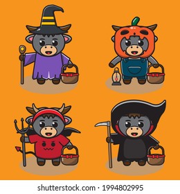 Vector illustration of cute Buffalo Halloween cartoon. Wizard, Pumpkin, devil and Reaper costume set. Cute Buffalo expression character design bundle.