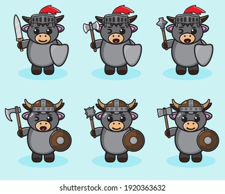 Vector illustration of cute Buffalo Knight cartoon. Cute Buffalo expression character design bundle. Good for icon, logo, label, sticker, clipart.