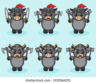 Ilustración vectorial de la tierna caricatura de Buffalo Knight con arma dual. Conjunto de diseño de caracteres de expresión de búfer. Es bueno para el icono, logotipo, etiqueta, pegatina, clipart.