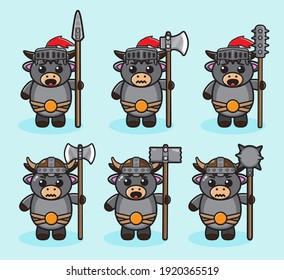 Ilustración vectorial de la tierna caricatura de Buffalo Knight con arma de dos manos. Conjunto de diseño de caracteres de expresión de búfer. Es bueno para el icono, logotipo, etiqueta, pegatina, clipart.