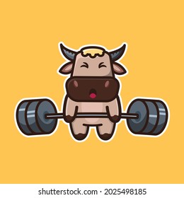 vector illustration of cute buffalo lifting barbell