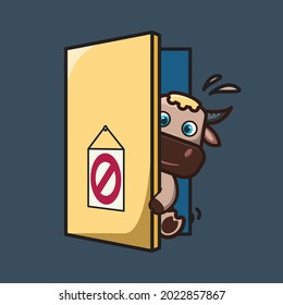 vector illustration of cute buffalo open the door ,cartoon animal concept