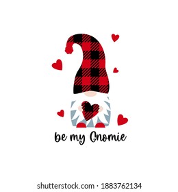 Ilustración vectorial del lindo Gnome escandinavo de búfalo con corazón y cita Be my Gnomie. Afiche con Gnome en Buffalo Toco sombrero y corazones para tarjeta de San Valentín, imprimir, cortar. Cita de amor. 