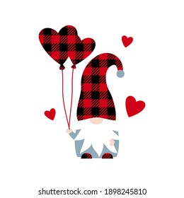 Ilustración vectorial del lindo Gnome escandinavo de búfalo con globos de corazones aislados en fondo blanco. Afiche con Gnome y corazones para la tarjeta de San Valentín, imprimir, cortar. Símbolo de amor. 