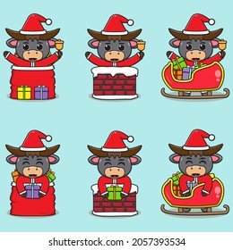Vector illustration of cute Buffalo Santa mascot or character. Christmas design element. Vector illustration isolated on light blue background