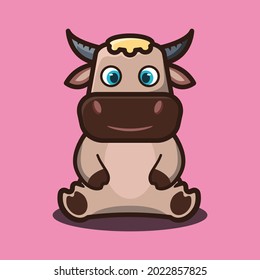 vector illustration of cute buffalo is sitting ,cartoon animal concept