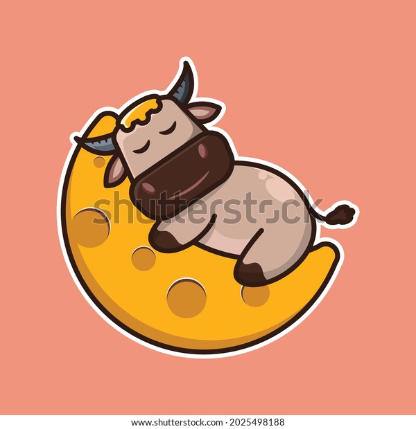 vector\
illustration of cute buffalo sleeping on the\
moon